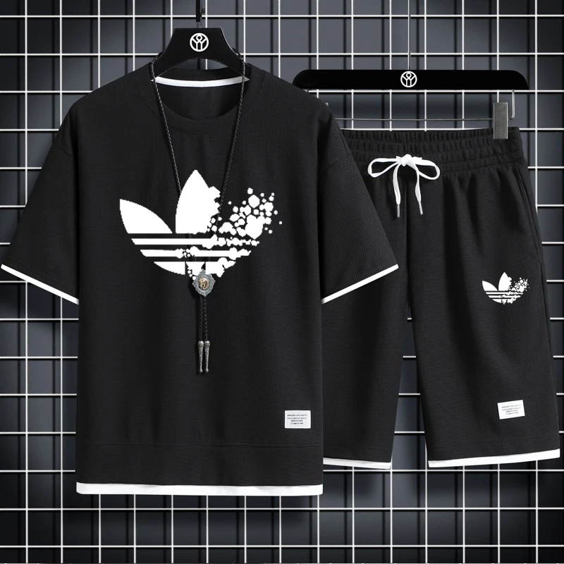 Summer new 2026 men's fashionable pullover casual sports set, basketball short sleeved T-shirt+shorts two-piece set