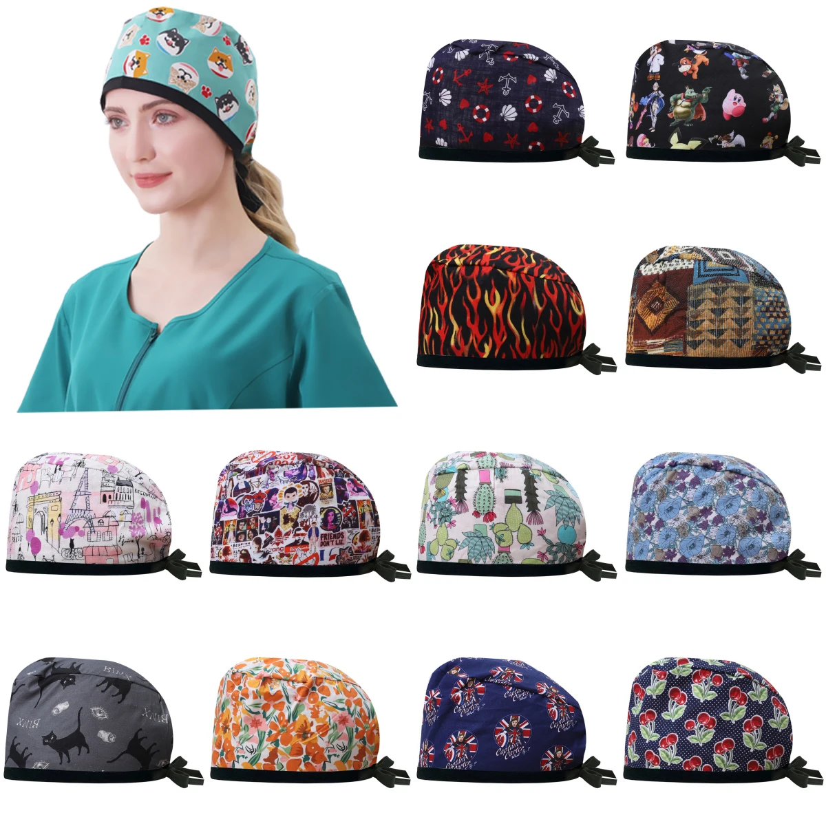 

Doctor Operating Room Pattern Printed Skeleton Nursing Head Cap Lab Scrub Pet Hospital Surgical Hat Unisex Dentist Scrub 2023