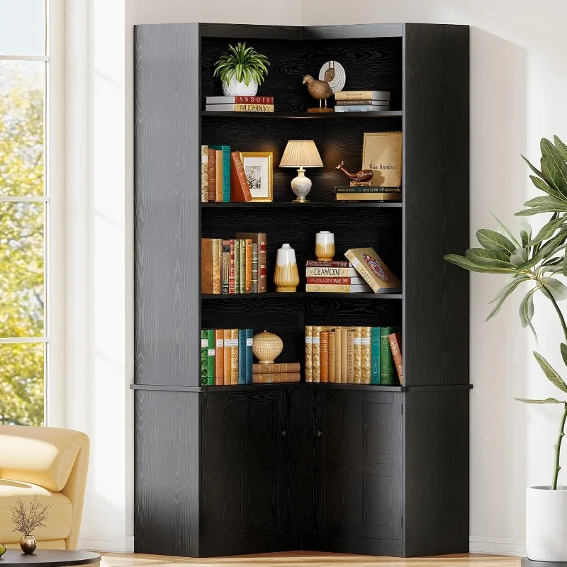 

Corner Bookshelf with Doors, 6 Tier Bookcase with Storage, Corner Shelf with Cabinet, Large Tall Bookshelf for Living Roo