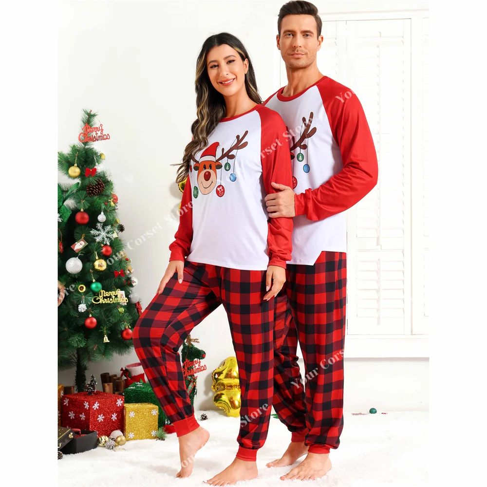 Pyjamas for Couples Christmas Sleepwear Long Sleeve Family Xmas Clothes Nightwear for Men And Women Red Plaid Pajama Pants XXl