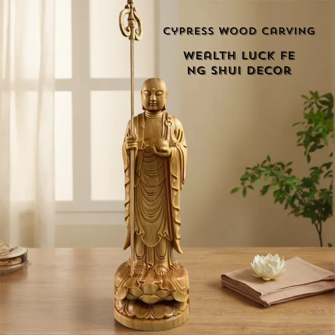 Cypress Wood Ksitigarbha Bodhisattva Statue Standing Jizo Lotus Base Feng Shui Ornament Protection Safety Home Altar Decor