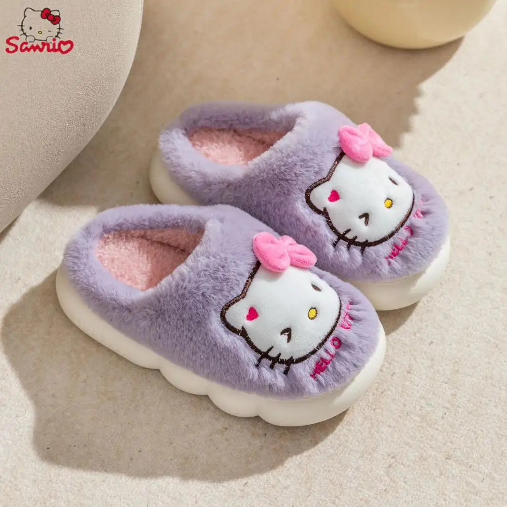 Cartoon Sanrio Hello Kitty Kawaii puszyste 3D urocze kapcie damskie zamsz bawełna kapcie płaskie grube dno zimowe miękkie kapcie domowe