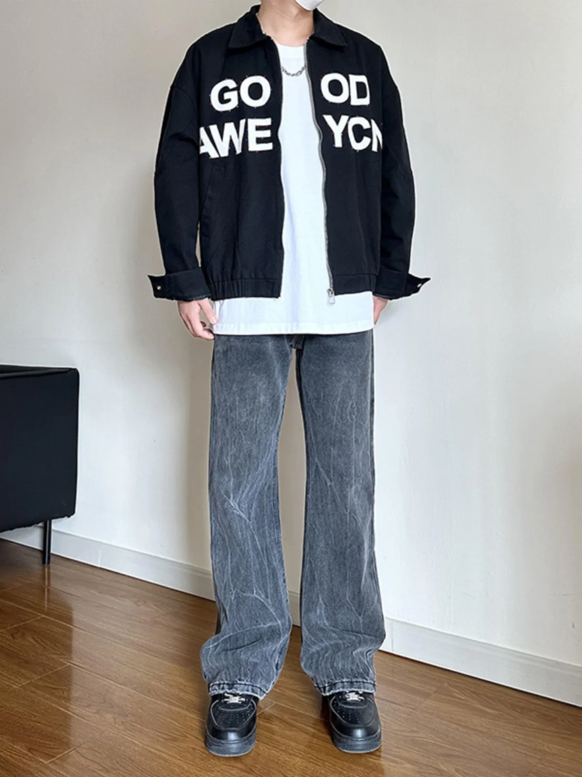 

Men's Bla ey Lightning Pattern Jeans mid Waist Long Pants Straight Leg Loose Fit Wear Resistant Water Waed Ba Cut Jeans