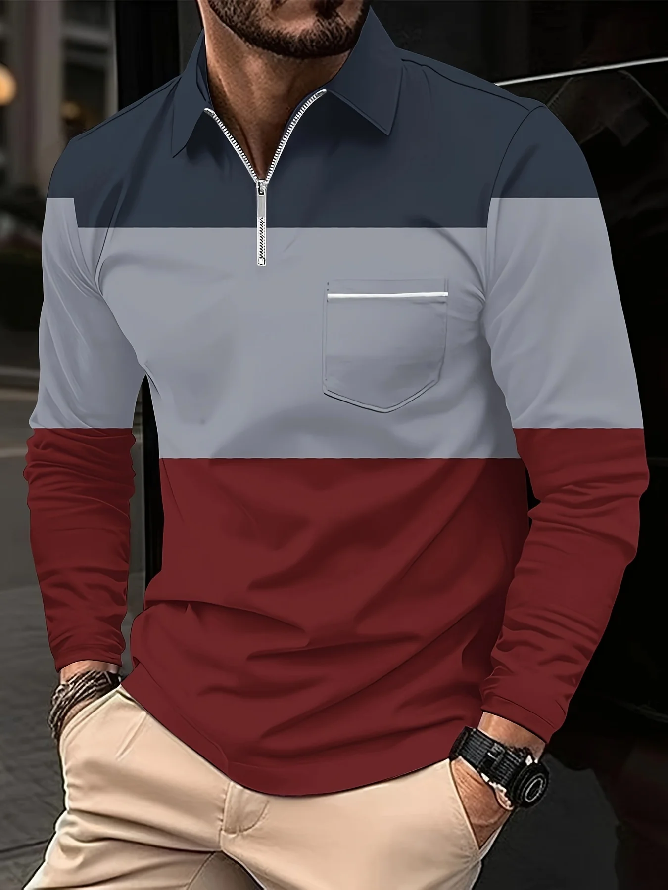 Spring and Autumn New Fashion color contrast long sleeve POLO shirt Men's casual stripes breathable long sleeve shirt POLO