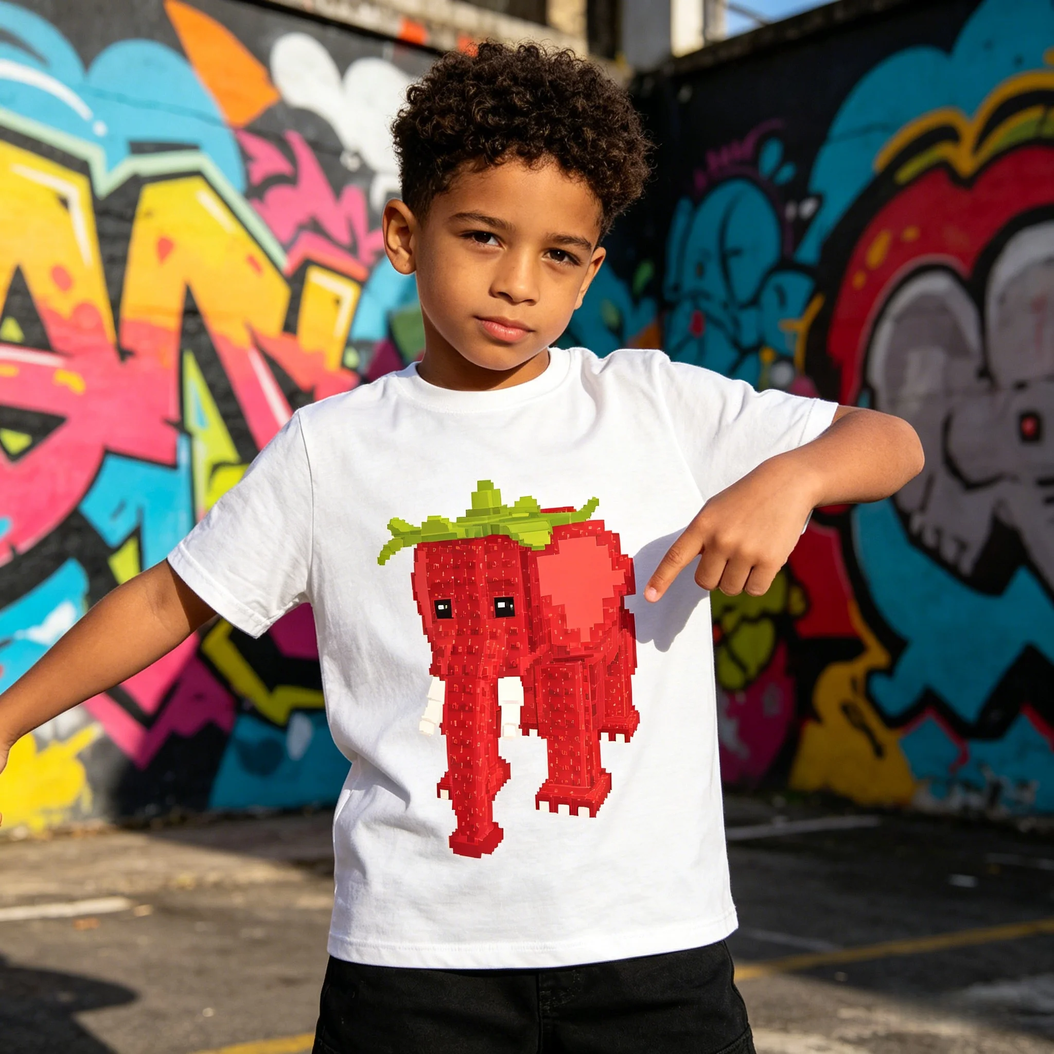 Strawberry Elephant Pixel Print Kids T-Shirt Loose Breathable Cotton Soft Machine Washable for School Casual Sport Daily Wear