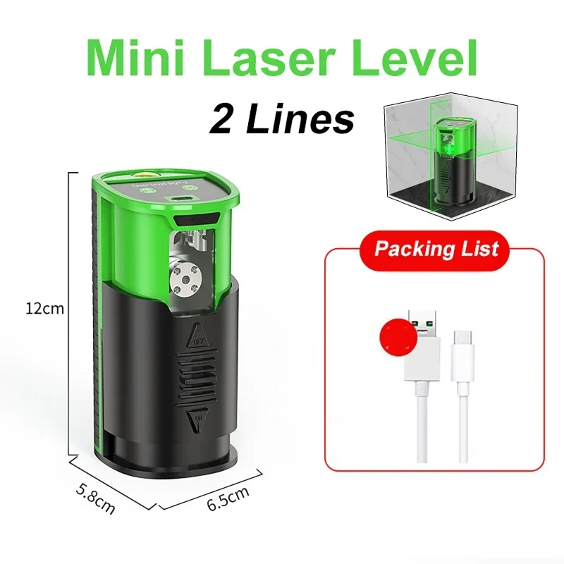 

2 Lines Mini Laser Level Self Levelling Green Beams Laser Horizontal & Vertical Cross-Line USB Charging With Charging Cable