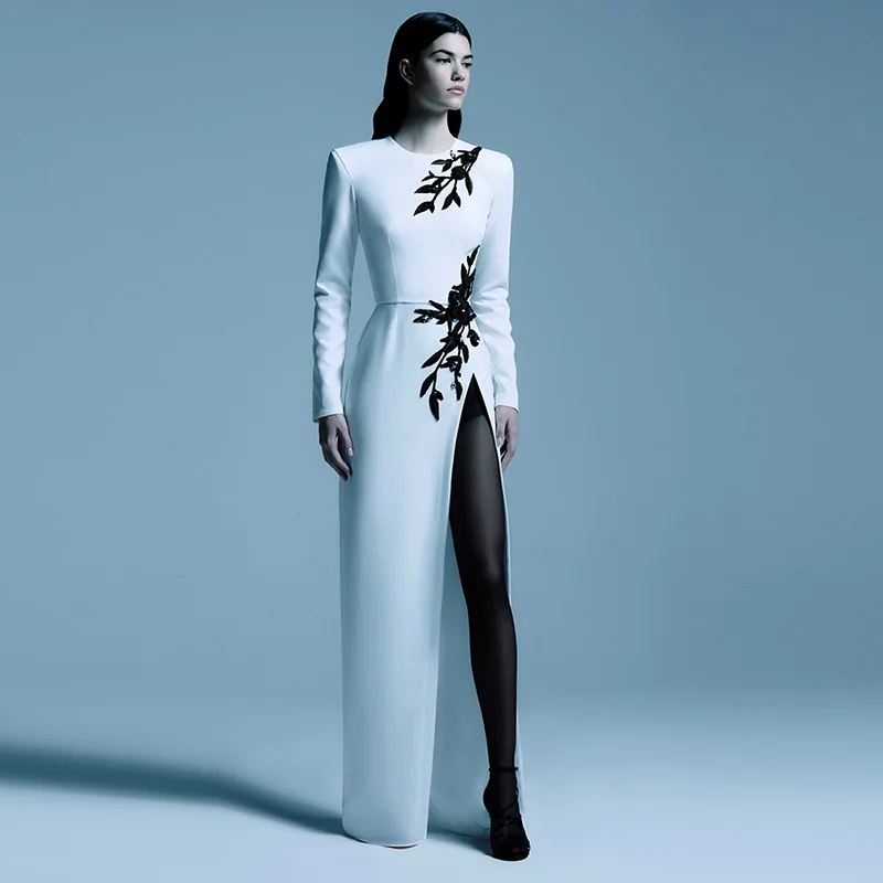 

Autumn Fashion Temperament Elegant Commuting Women's Embroidered Bead Nail Bead Flower Long Sleeved Round Neck Slit Long Dress