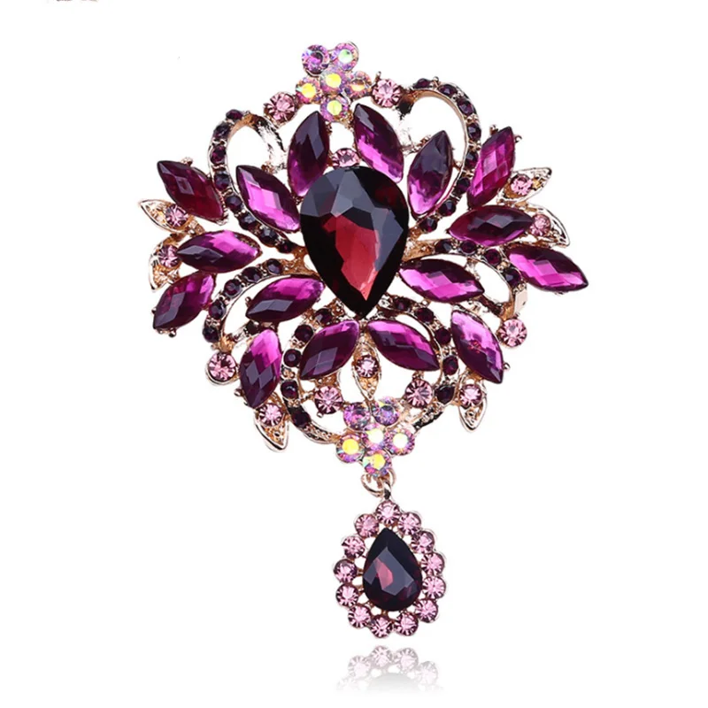 

Luxury Retro Water Drop Brooch European American Fashion Personality New Flower Titanium Steel Micro-Inlaid Zircon