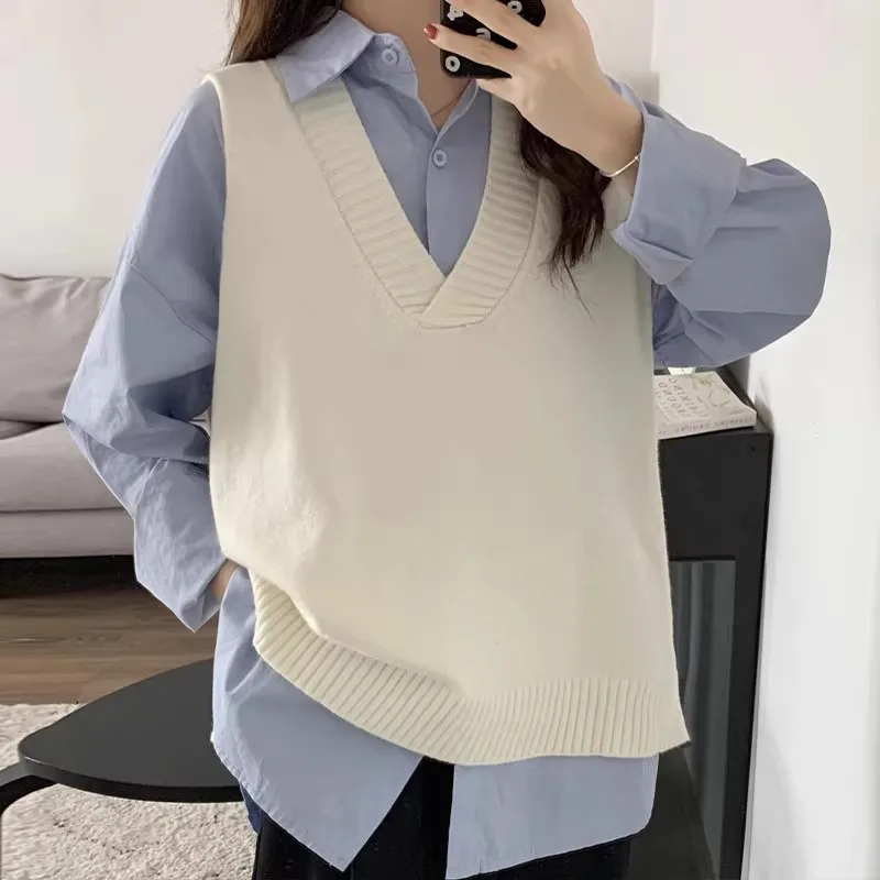 

Women's Pure Color V-Ne Knitted Vest Autumn Winter Outerwear Sweater Tank Top Korean Lazy Sle Matching Upper Body