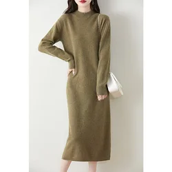 Hot Sale 100% Wool Knitting Dresses Women 2024 Winter New Fashion Length-keen Warm&Best Quality Dress Female Cashmere Clothing