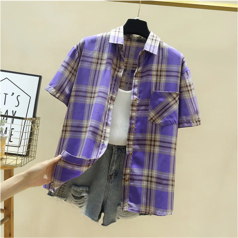 2023 Summer New Casual Women\'s Plaid Shirt Cool Breathable Cotton Lady Short Sleeve Blouse and Tops College Style Ladies Clothes