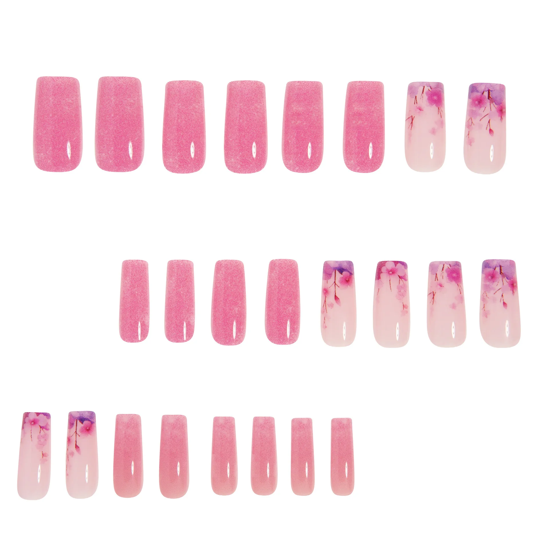 Purple Glossy Fake Nails with Floral Design Mid-length Ballet False Nail Fashion Purple Full Cover Manicure Tips Datachable