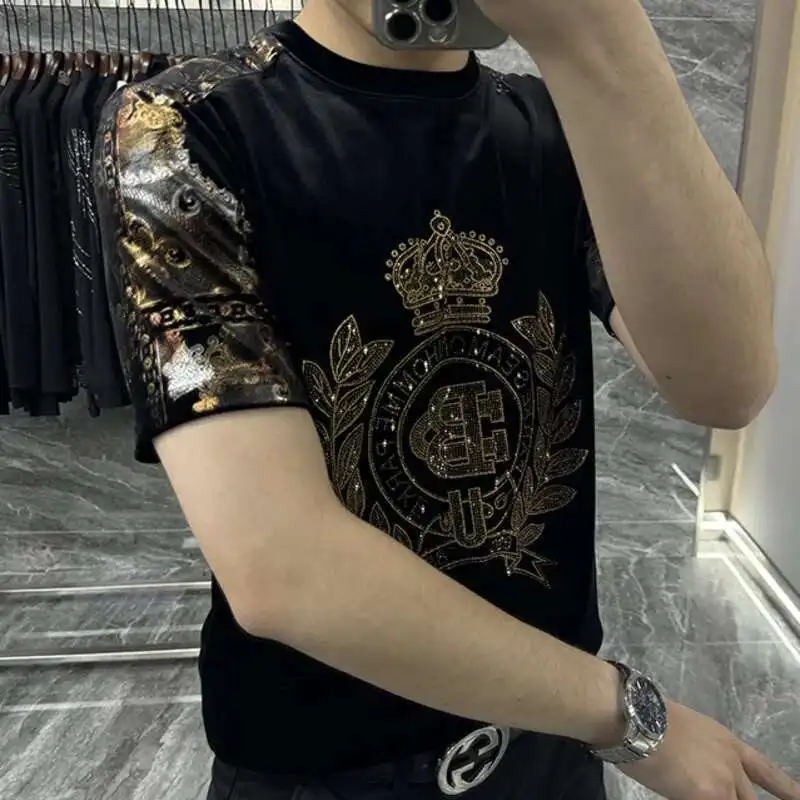 2023 European New Men\'s Luxury Short Sleeve T-shirt Fashion Hot Diamond Personalized Flower Casual Round Neck Slim Fit T-shirt