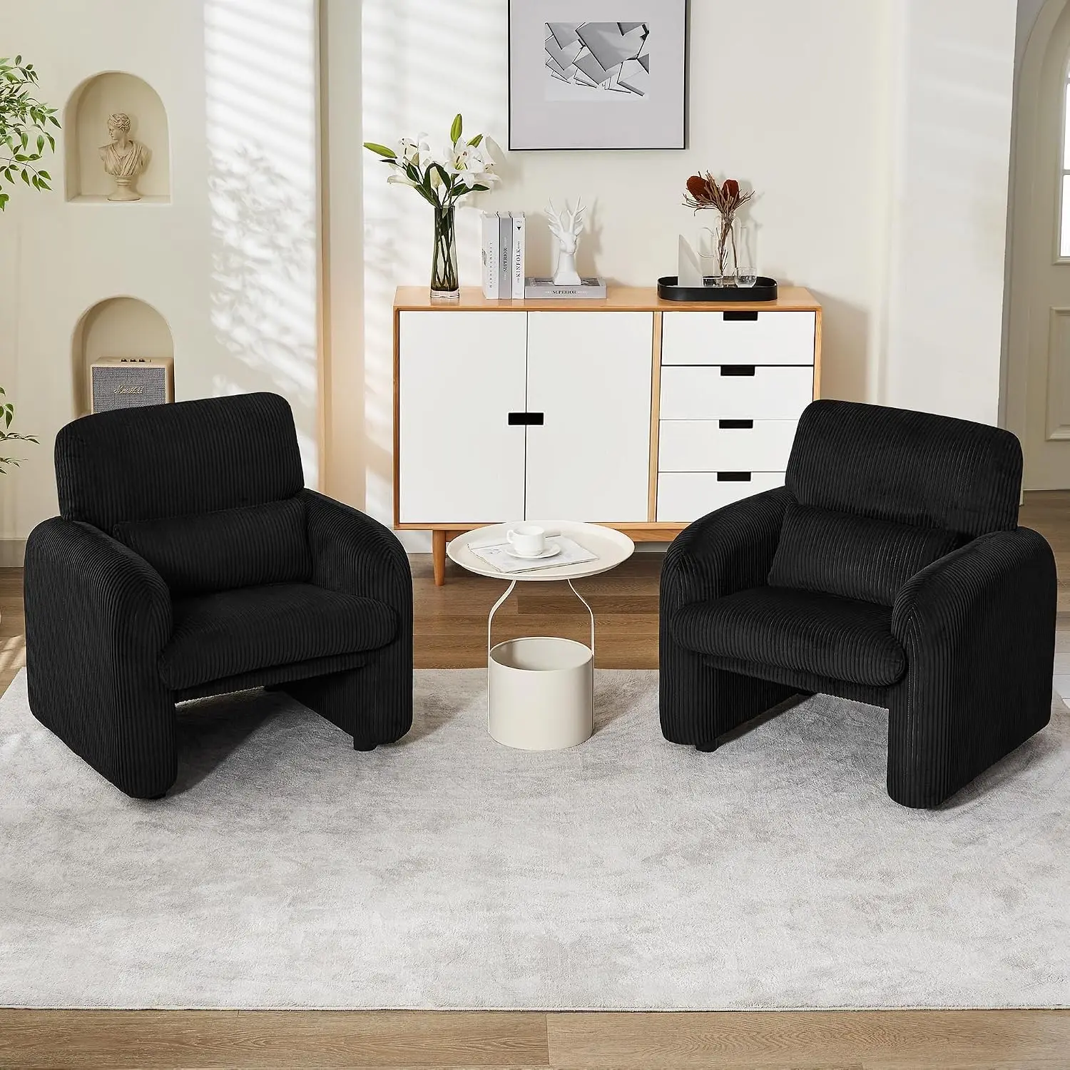 Modern Corduroy Armchair Set of 2, Upholstered Lounge Reading Chair for Living Room & Bedroom, Black, Customized
