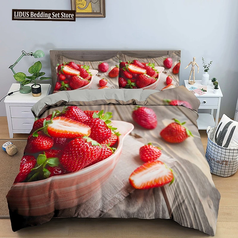 

Pink Strawberry Cute Bedding Set Duvet Cover Set 3D Print Fruit Pattern Quilt Cover Pillowcase King Queen Size For Kids Boy Girl