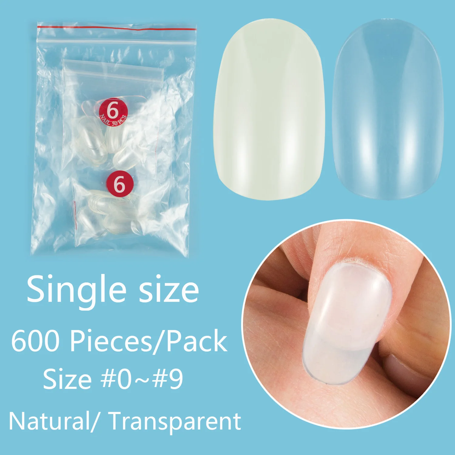 Middle Round Shape 600 Pieces Single Size False Nail Tips 10 Sizes Available Full Cover Refill Fake Nail Size