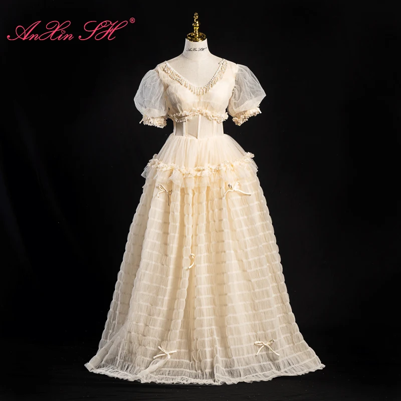 

AnXin SH принцесса шампанское кружево с v-образным вырезом и бисером жемчугом, маленький бант, оборки, короткий рукав, вечернее платье на шнуровке, вечернее платье по индивидуальному заказу