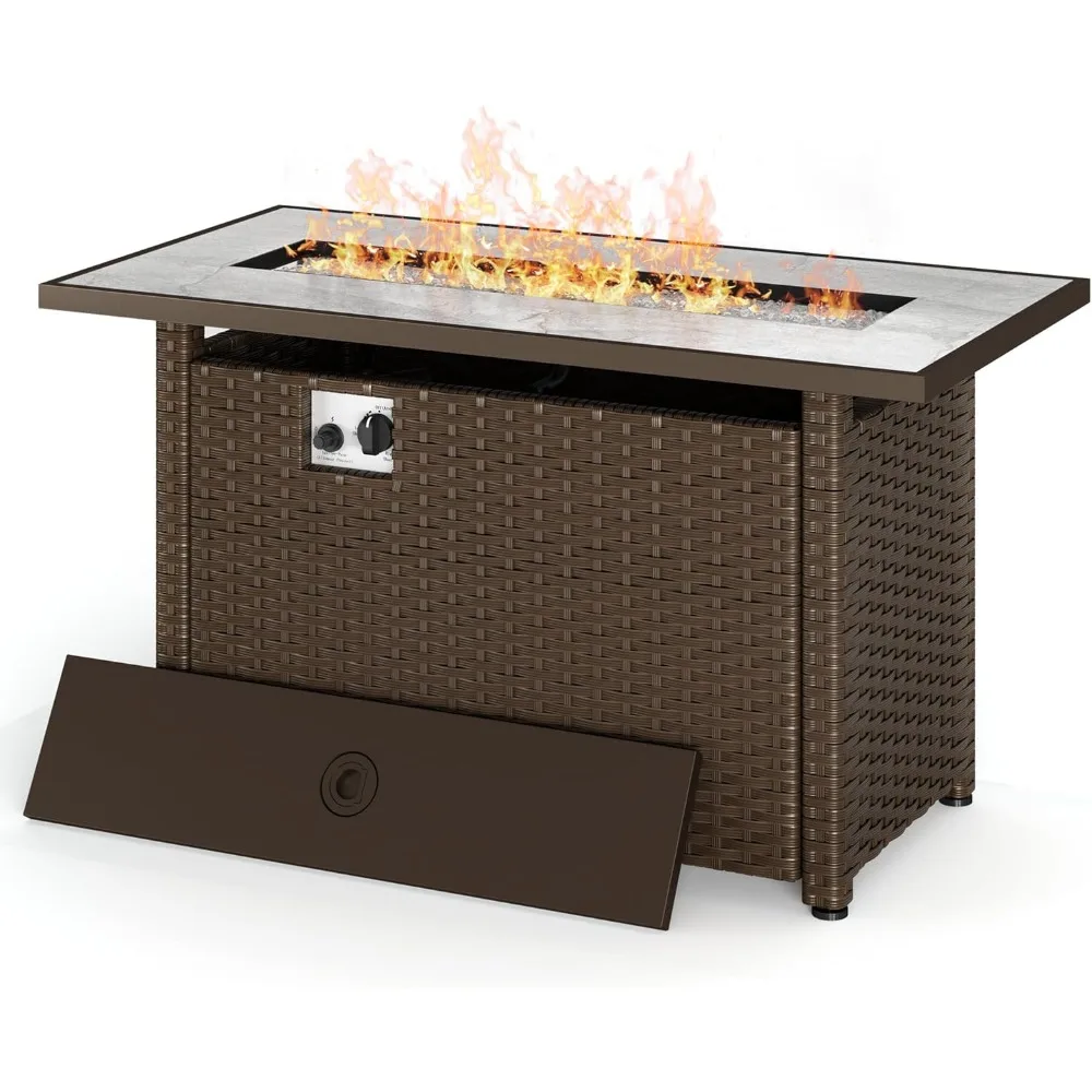 

45 Gas Fire Pit Table, Propane Fire Pit with Glass Rocks, Waterproof Cover and Pe Rattan, Outdoor Patio Fire Pits