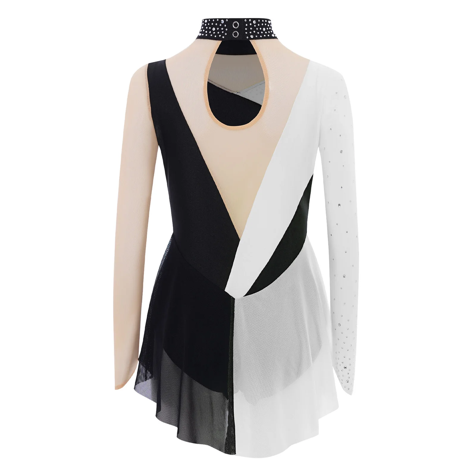 Traje de baile de Ballet y gimnasia para niñas, vestido de leotardo de patinaje artístico, mono lírico rítmico de malla transparente de manga larga con diamantes de imitación