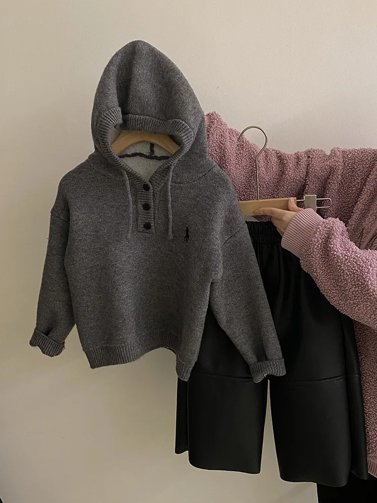 

Girls' Outfit Autumn Winter New Versatile Hooded Fleece Knit Sweater Trendy Fleece Warm Leather Pants