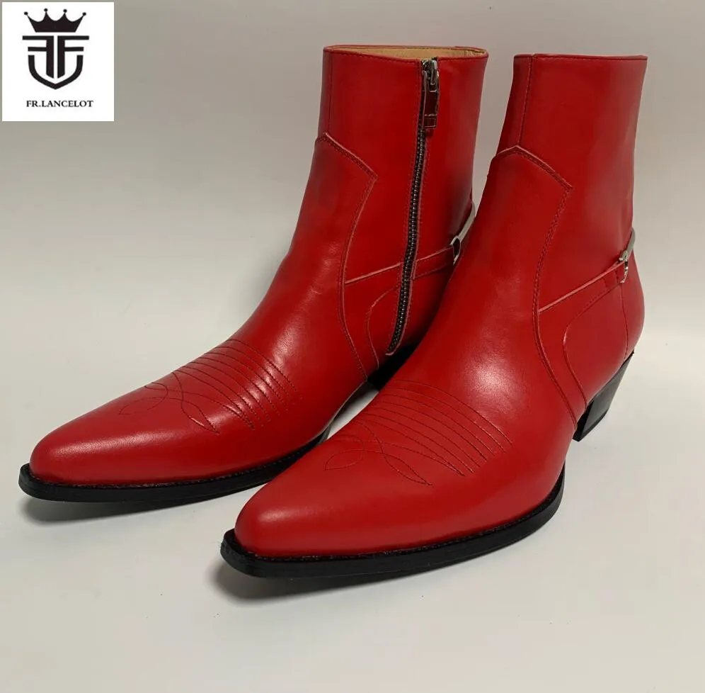 Brand New Fashion men red boots men point toe embroidery boots side zip mujer botas chunky heel