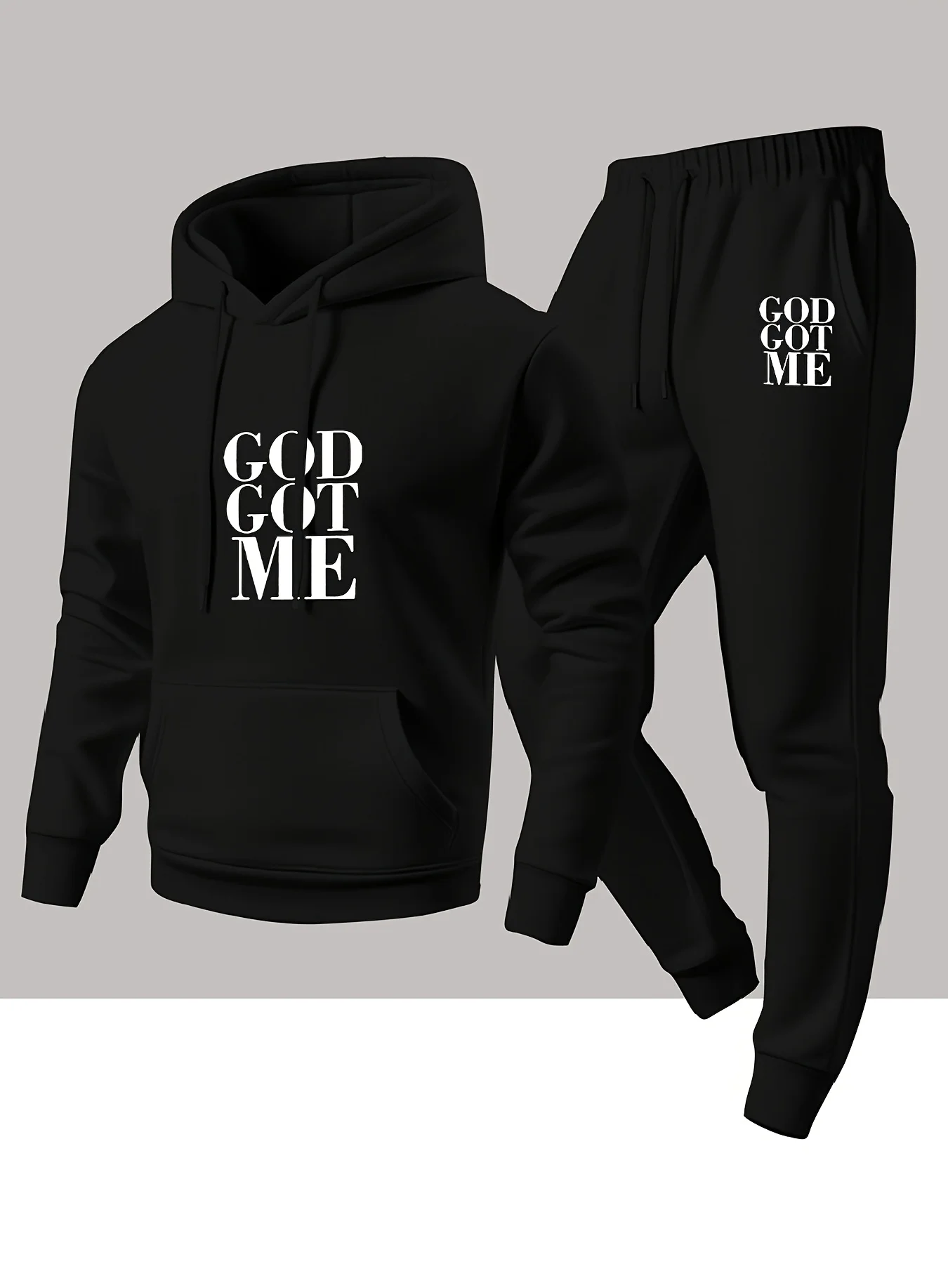 Men Comfortable Casual Sport Tracksuit Trendy "GOD GOT ME" Print Hoodie & Sweatpants 2‑Piece Outfit Set