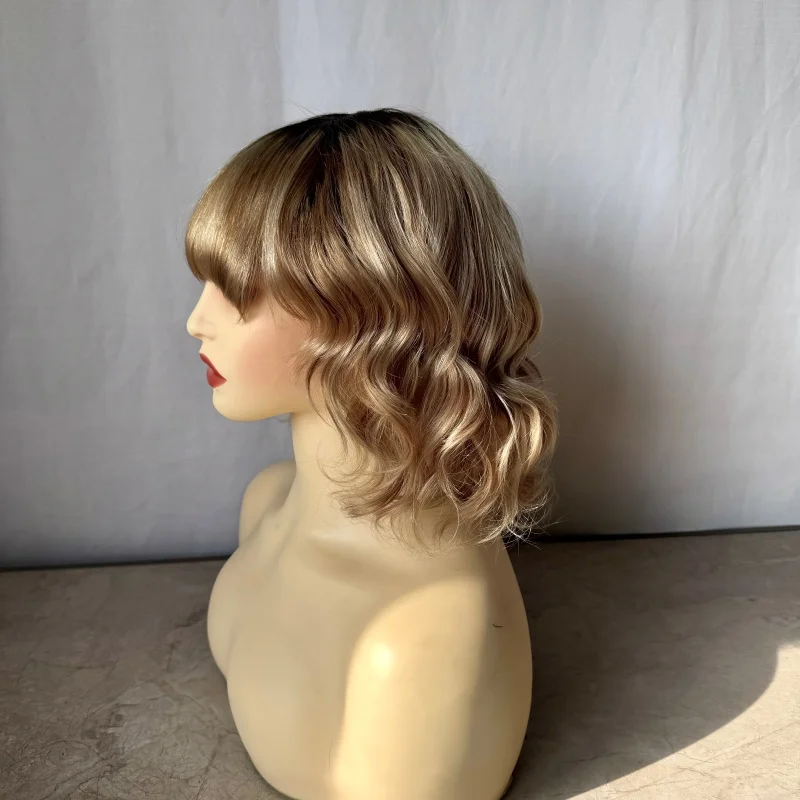 

100% Real Human Hair Wig with Bangs Short Bob Lace Top Wigs for Women HD Blonde Honey Brown Highlights Fringe Wig Glueless Cheap