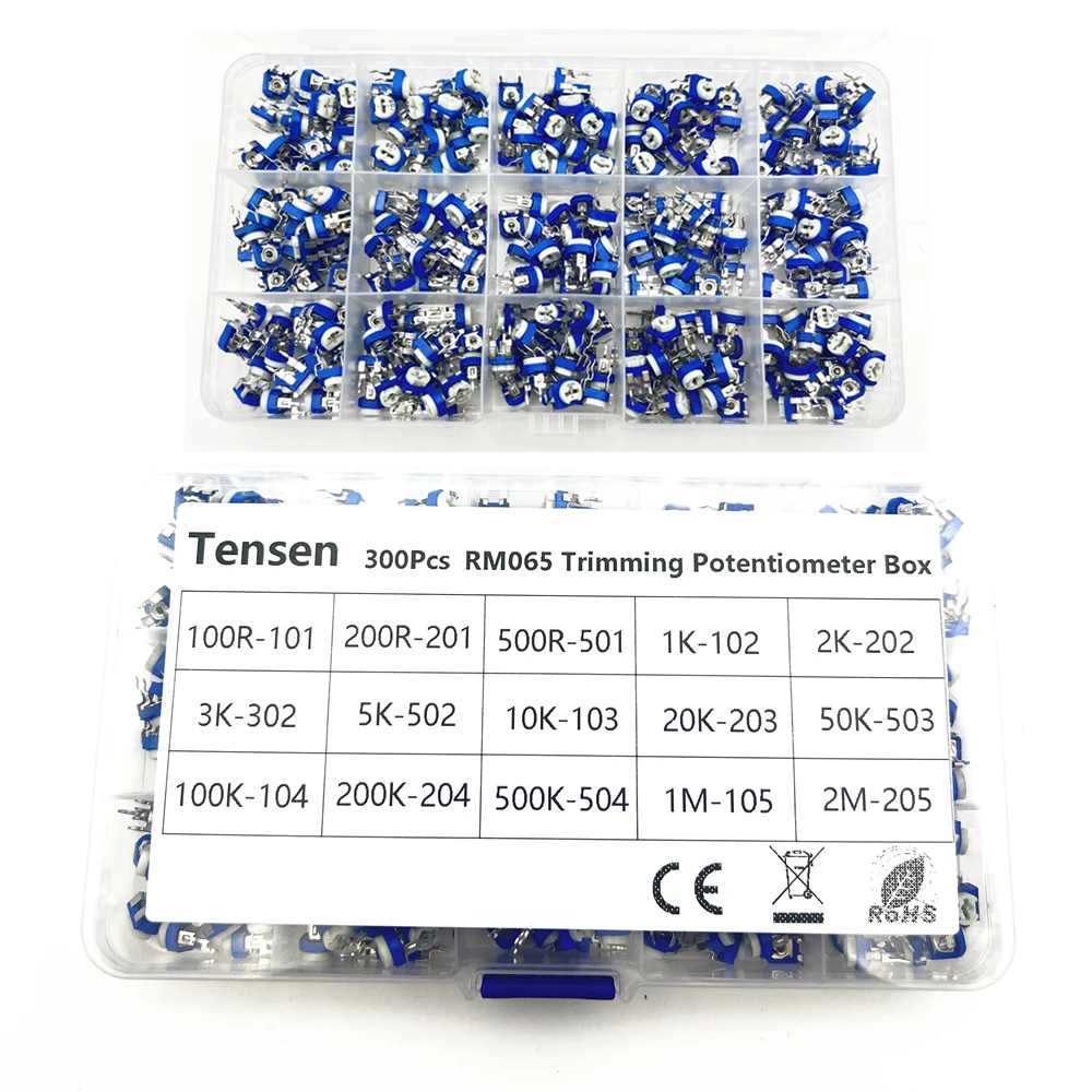 

300Pcs/Box RM065 Carbon Film Horizontal Trimpot Potentiometer Assortment Kit 10 Values Variable Resistor 100R(101)-2M (205)