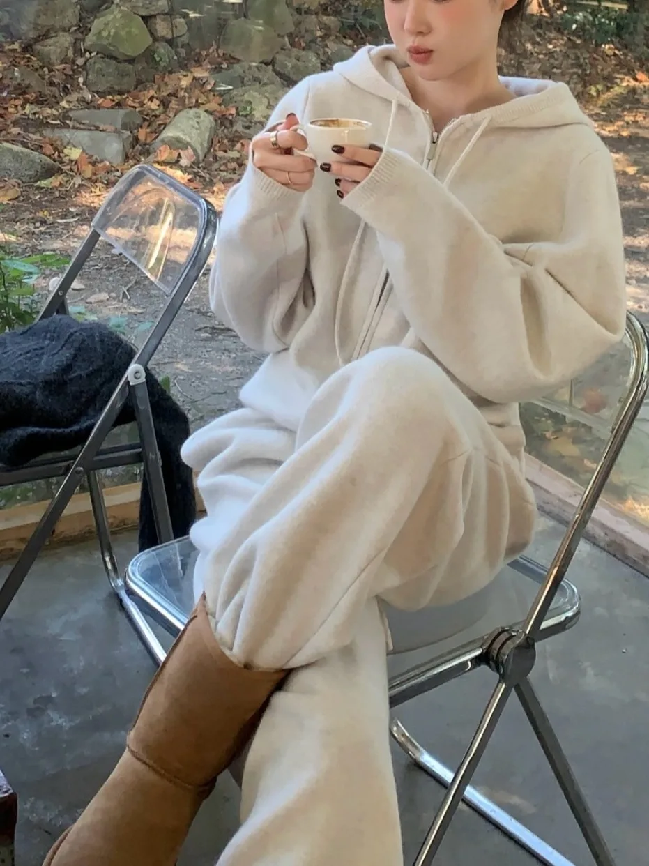 

Chic Autumn Winter Women's Fashion Set Zipper Hooded Open Cardigan Jacket Slim Wide Leg Pants Two Piece Suit Elegant Slimming