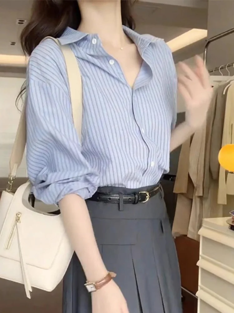 

Blue Striped Casual irt Women's Spring Autumn Long Sve Layering Top Faionable Commute Sle Loose Fit Collar