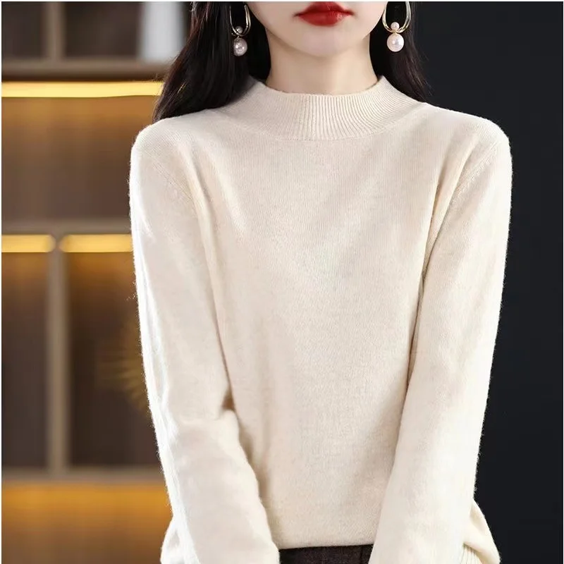 

Women's half height solid color cashmere sweater loose pullover autumn and winter skin friendly base commuting knit top