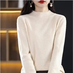 Women's half height solid color cashmere sweater loose pullover autumn and winter skin friendly base commuting knit top