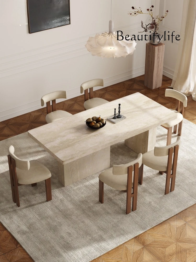 

French retro travertine rock slab dining table rectangular designer style high-end fashion simple home