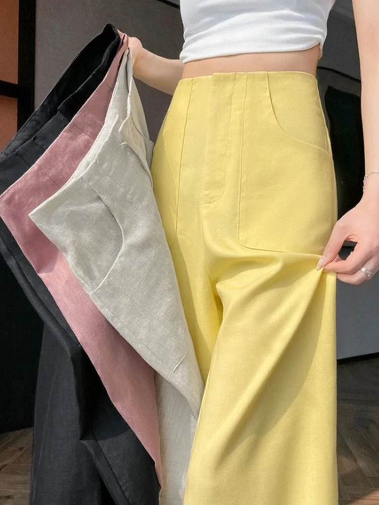 Pantaloni a gamba larga kaki Pantaloni estivi da donna sottili di piccole dimensioni in seta di ghiaccio Pantaloni a banana drappeggiati con taglio dritto Pantaloni a vita alta comodi