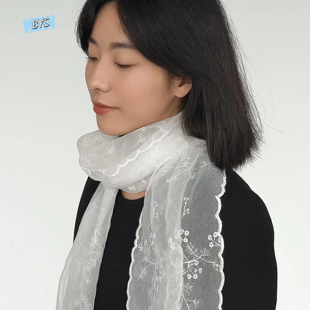

Breathable Spring Silk Scarf Silk Polyester Lace Thin Headscarf Quick-drying Sunscreen Long Hijab Scarf Clothing Accessories