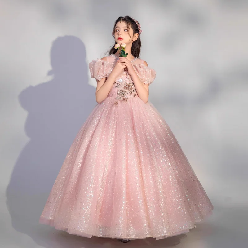 

Pink 's Fashionable Princess Dress for Children Flower Wedding Little Girl Host Off-Shoulder Show Performance Dre