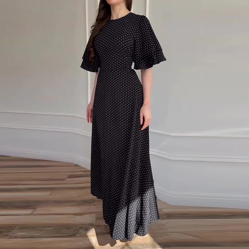 Fashion Polka Dots Print High Waist Long Dress Women's Elegant O Neck Slim A-Line Party Dress Summer Short Sleeve Bohemian Dress view 6