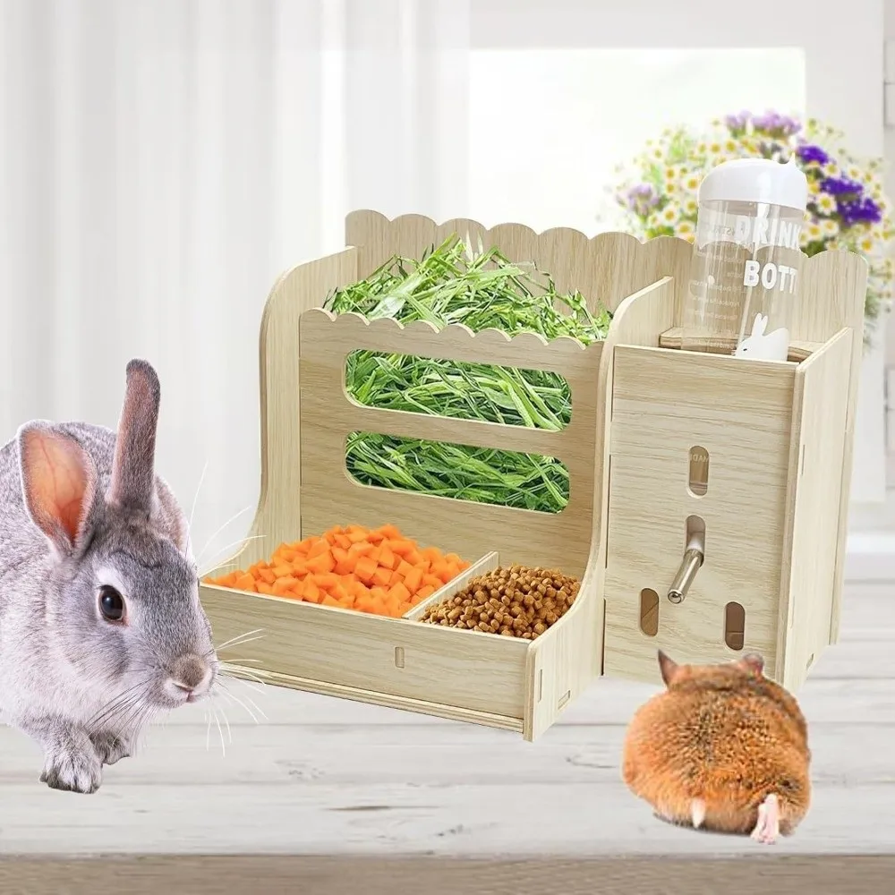 

2 in 1 Rabbit Hay Feeder Detachable Bite Resistant Rabbit Food Manger with Bottle Guinea Pig Feeder Cage Accessories