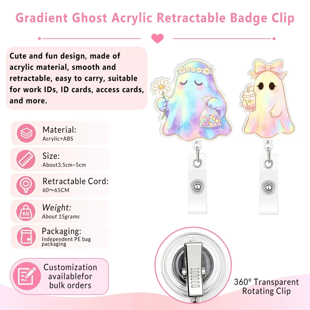 Retractable Badge Reel, Glitter Gradient Ghost Decorative ID Holder With 360 Rotating Clip For Work Access Card