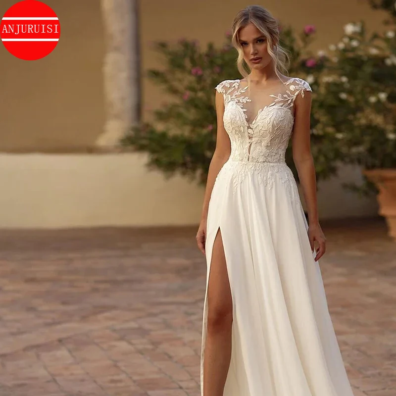 

Elegant Boho Lace Wedding Dress 2024 Chiffon O-Neck Illusion Back Beach Side Split Applique Bridal Party Gown Vestidos De Novia