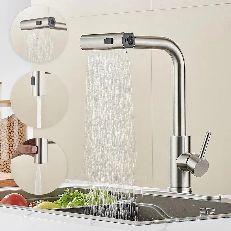 Brass Single Handle Hot And Cold Water Faucet 360 Rotation Pull Down Kitchen Faucets With Sprayer