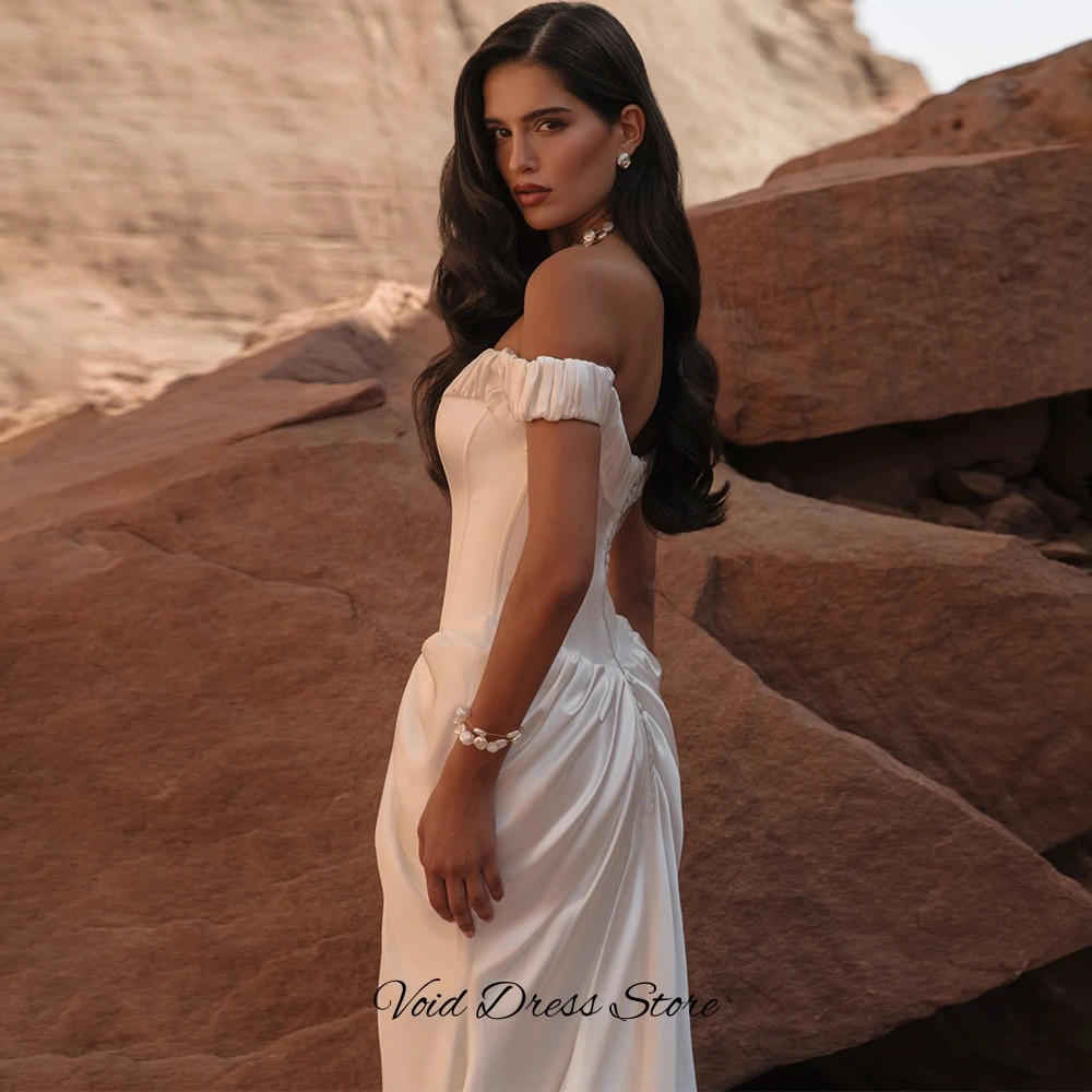 Simple Satin Ruched Vestido De Novia Customized Fashion Off the Shoulder Wedding Dress Charming Mermaid Boat Neck Robe de mariée