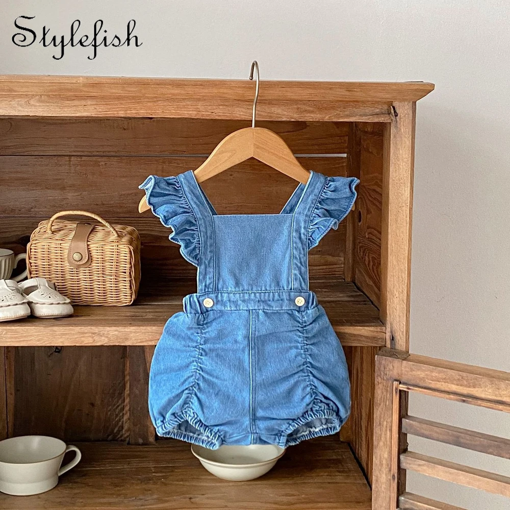 Autumn new style 0-3 year old baby clothing for baby girl trend denim suspenders shorts Xiaofei sleeves suspenders clothes