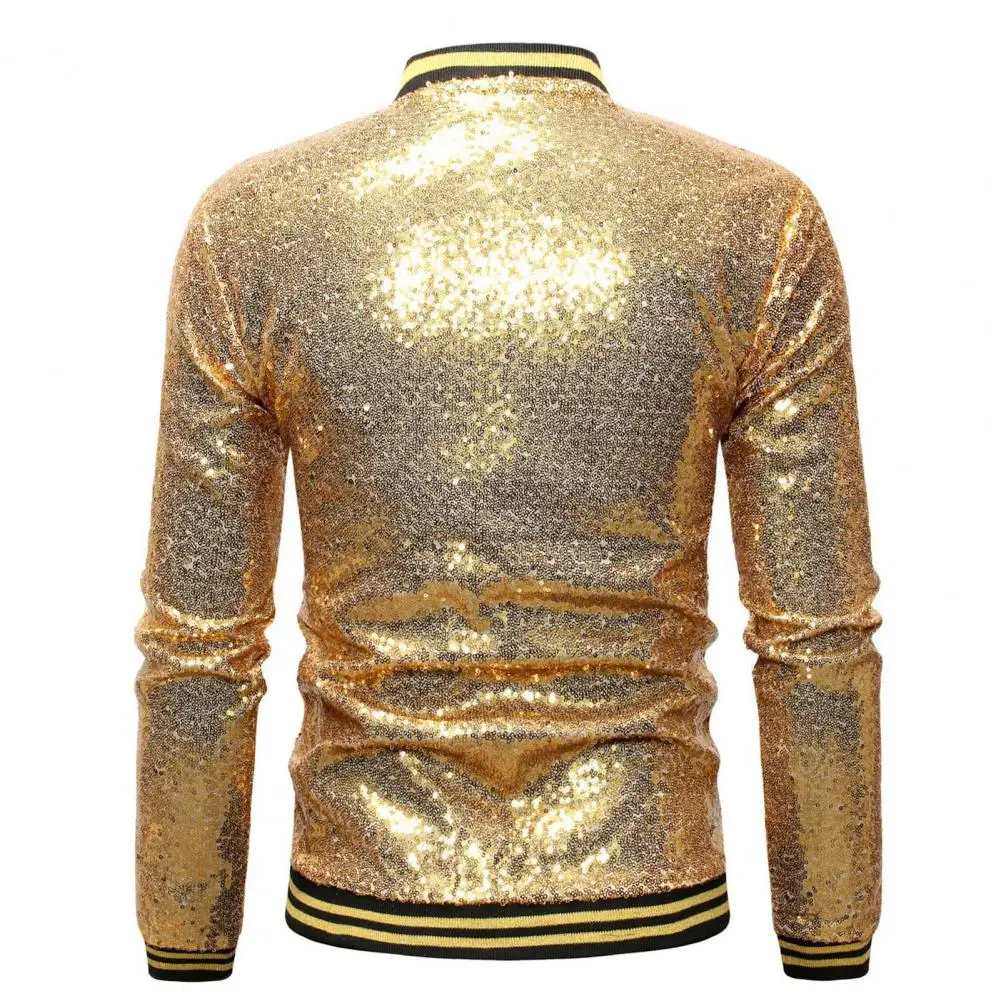 Sequin Embellished Jacket Sequin Stage Show Dance Performance Coat for Men Shiny Slim Fit Zipper Closure Cardigan with Stand