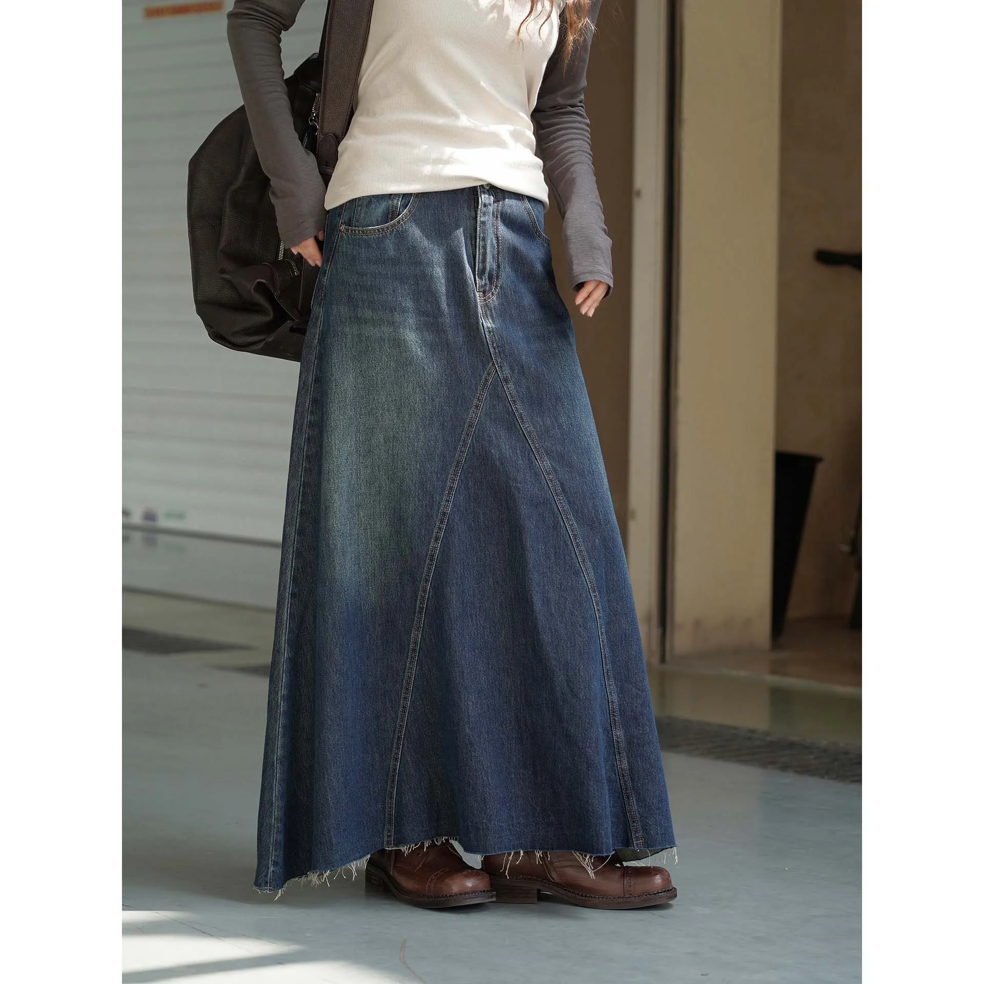 

Long Denim Skirt High Weight Maxi Raw Vintage Jeans Skirts