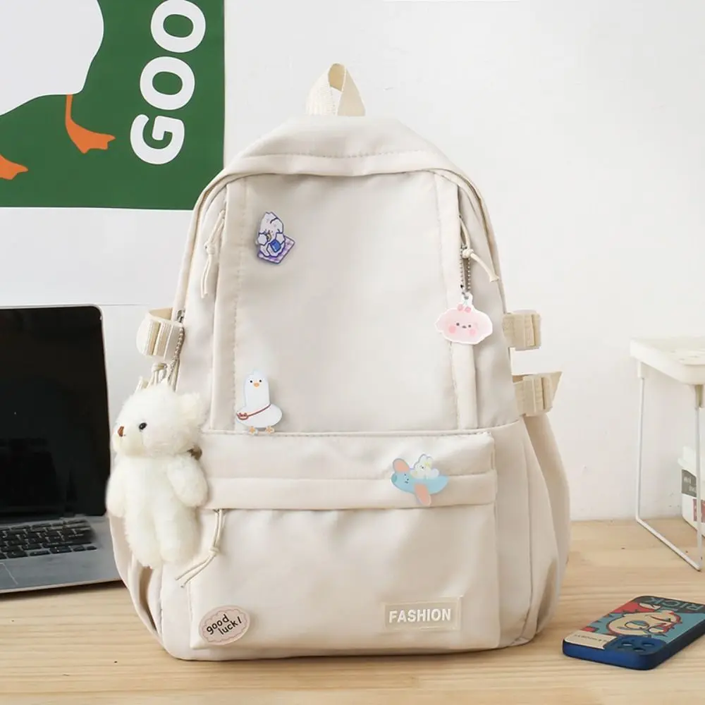 Tas Ransel Warna Solid dengan Liontin Beruang Lucu, Kapasitas Besar, Tas Sekolah untuk Siswa, Tas Travel, Tas Penyimpanan, Tas Selempang, Tas Perjalanan