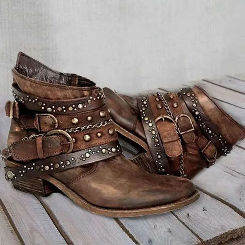 Rivet Punk Pleated Short Boots Women Square Heels Pointed Toe Wide Tube Casual Boots Belted Buckle Motorcycle Boots for Women