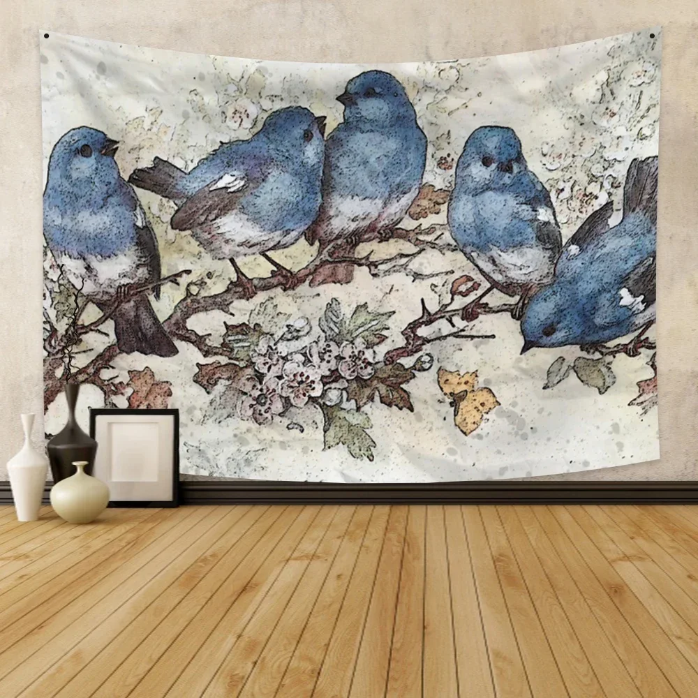 Nature Peace Birds Tapestry Flying and Sitting Bird Flowers Wall Hanging Bedroom Living Room Dorm Decoration