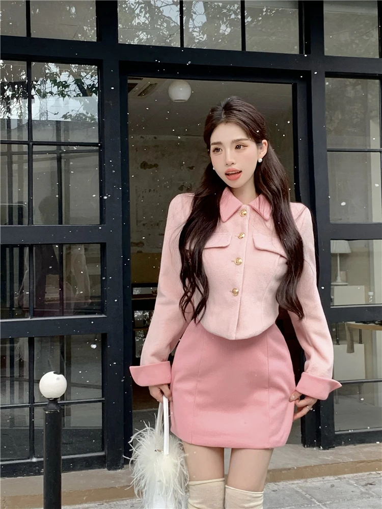 

Korean Fashion Autumn New Women Two Piece Skirt Sets Patchwork Long Sleeve Slim Jacket + High Waist A Line Mini Skirt Outfits