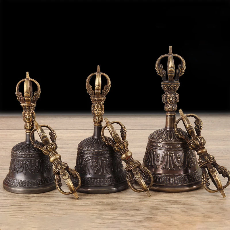 Nepal Brass Tibetan Bells Handmade Carved Vajra Bell Pestle Handheld Wind Chimes Buddhist Meditation Bell Sound Healing Gifts